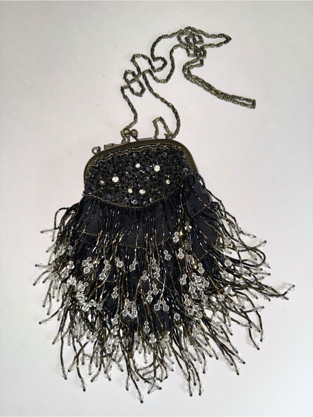 Vintage Black Beaded Fringe Evening Bag Crystal Kiss Lock Gatsby Crossbody Nwot